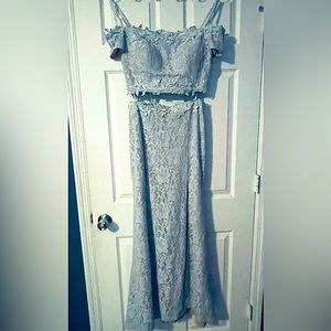 2 piece Ball Gown/ Prom Dress, “Sequin Hearts”, size 13, a bluish silver